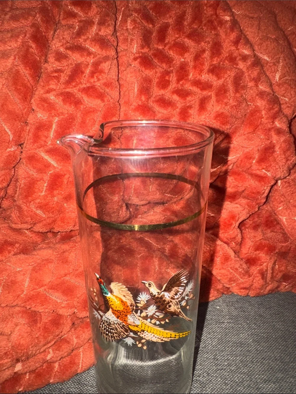 VINTAGE Mid-Century Golden Pheasant Glass Pitcher Barware MCM Gold Rim Hunting L